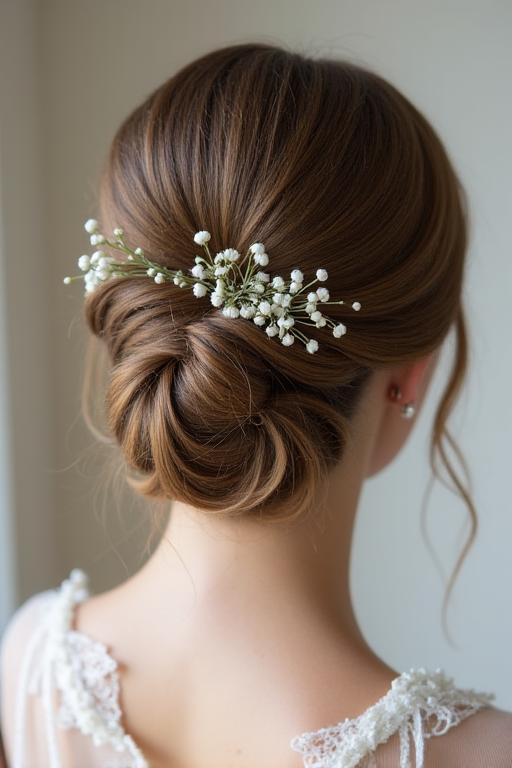 Delicate bridal updo with interwoven flowers, seen from behind.